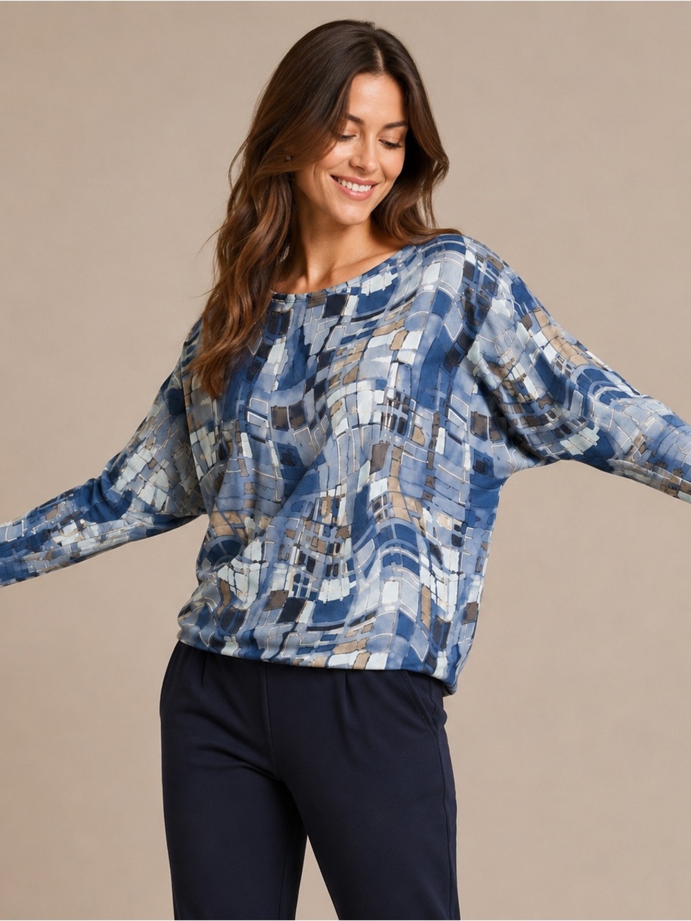Clara Sunwoo Blue Mosaic Tile Print Textured Dolman Sleeve Stretch Knit Top L